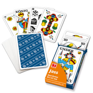 Jasskarten im Maxiformat und mit grossen Zahlen. In Faltschachtel