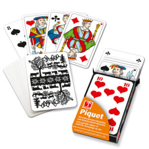 Jasskarten mit französischen Piquetmotiven und extra grossen Zahlen. In Faltschachtel. Scherenschnittmotive