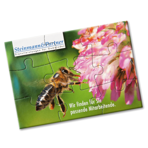 Puzzle im Postkartenformat mit Werbedruck