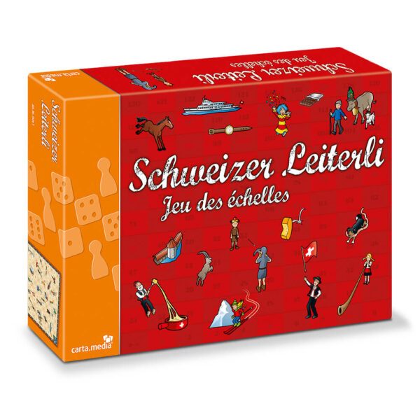 Leiterlispiel mit schönen Schweizer Motiven und Holzkühen als Spielfiguren